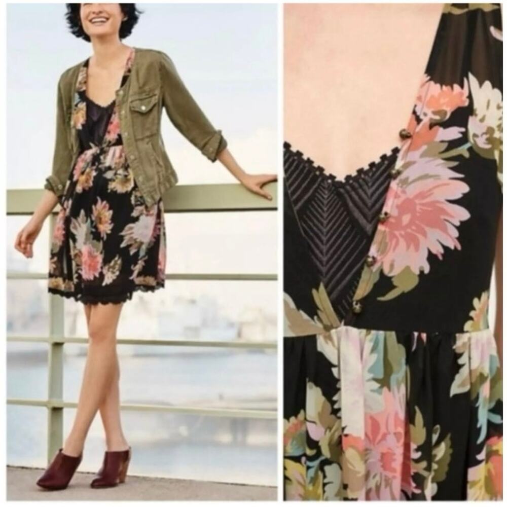 Maeve by Anthropologie Violeta Black Floral Babydoll Mini Dress Size Small